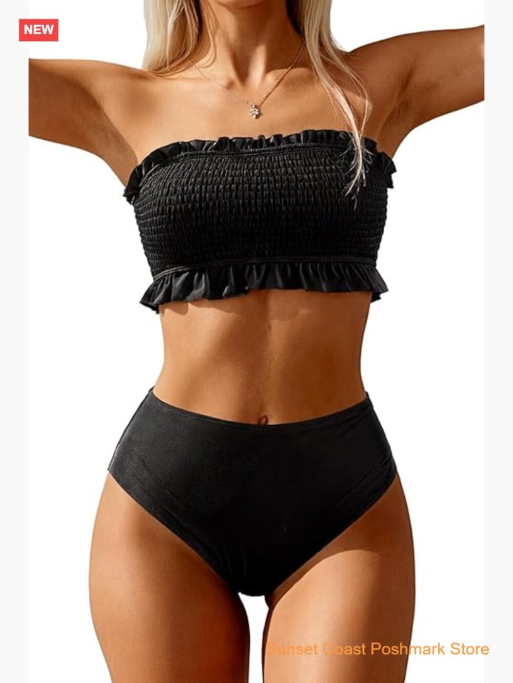 Smocked Bandeau High Waisted Bikini Set Strapless Two Piece Bathing Suit
